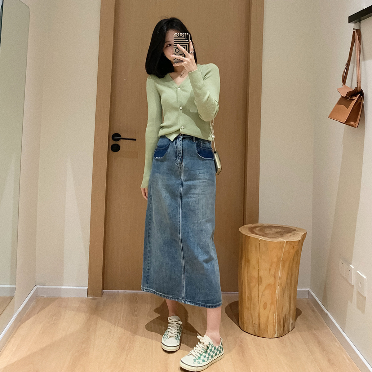双色挖袋开叉牛仔裙女春秋半身裙 bj2032