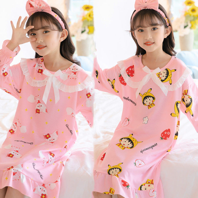 Children's Lingerie Long Sleeve & Girls' Spring and Autumn Pure Color Cotton Ocean Princess Children Home Wear Girl Cartoon Korean Skirt