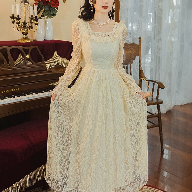 实拍春季新款法式荷叶边方领复古蕾丝连衣裙公主长裙