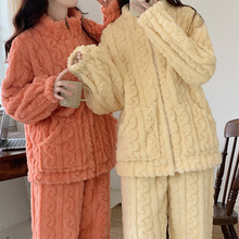 冬季韩版新款提花绒纯色睡衣女麻花珊瑚绒加绒加厚家居服套装ins