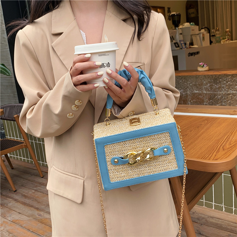 Women's Bag 2022 New Korean Style Fashion Thick Chain Messenger Bag Ins Trending Girl Single Straw Woven Box Bag