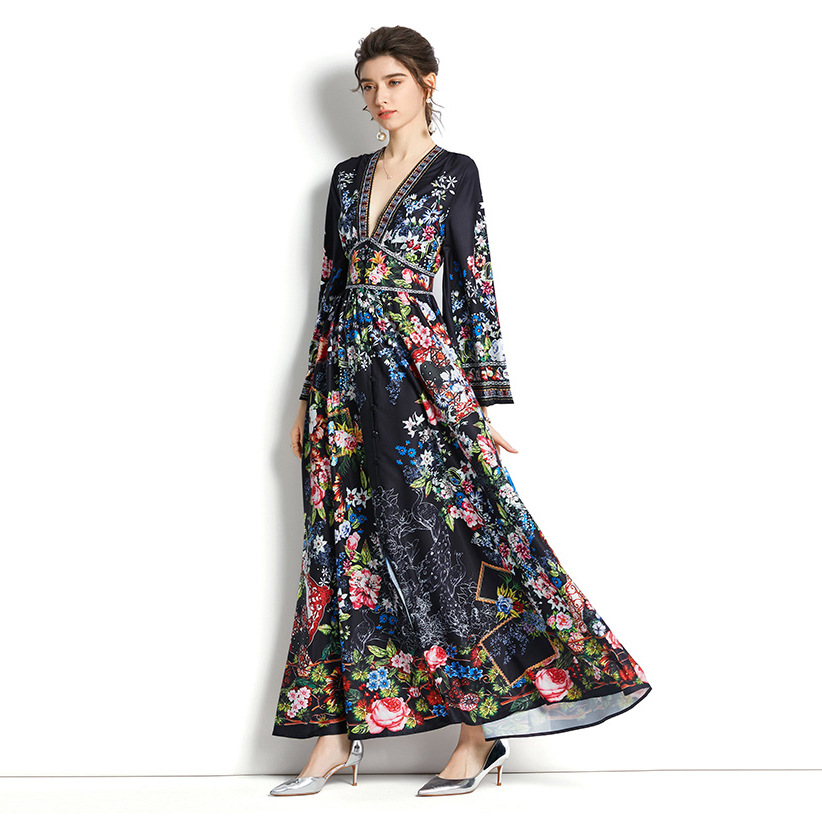 6872实拍春秋新款女装气质复古印花v领喇叭袖长袖大摆长裙连衣裙