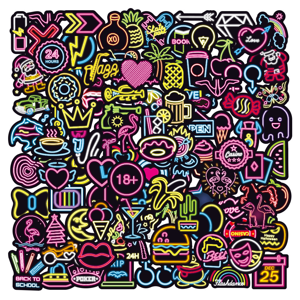 100张新款霓虹灯涂鸦贴纸 水杯冰箱行李箱笔记本滑板车汽车车贴