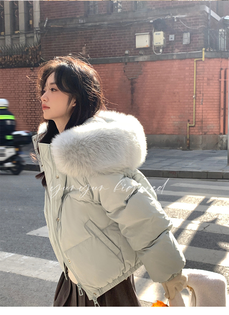 网红同款羽绒服女短款大毛领2023韩版简约宽松连帽厚面包服小个子