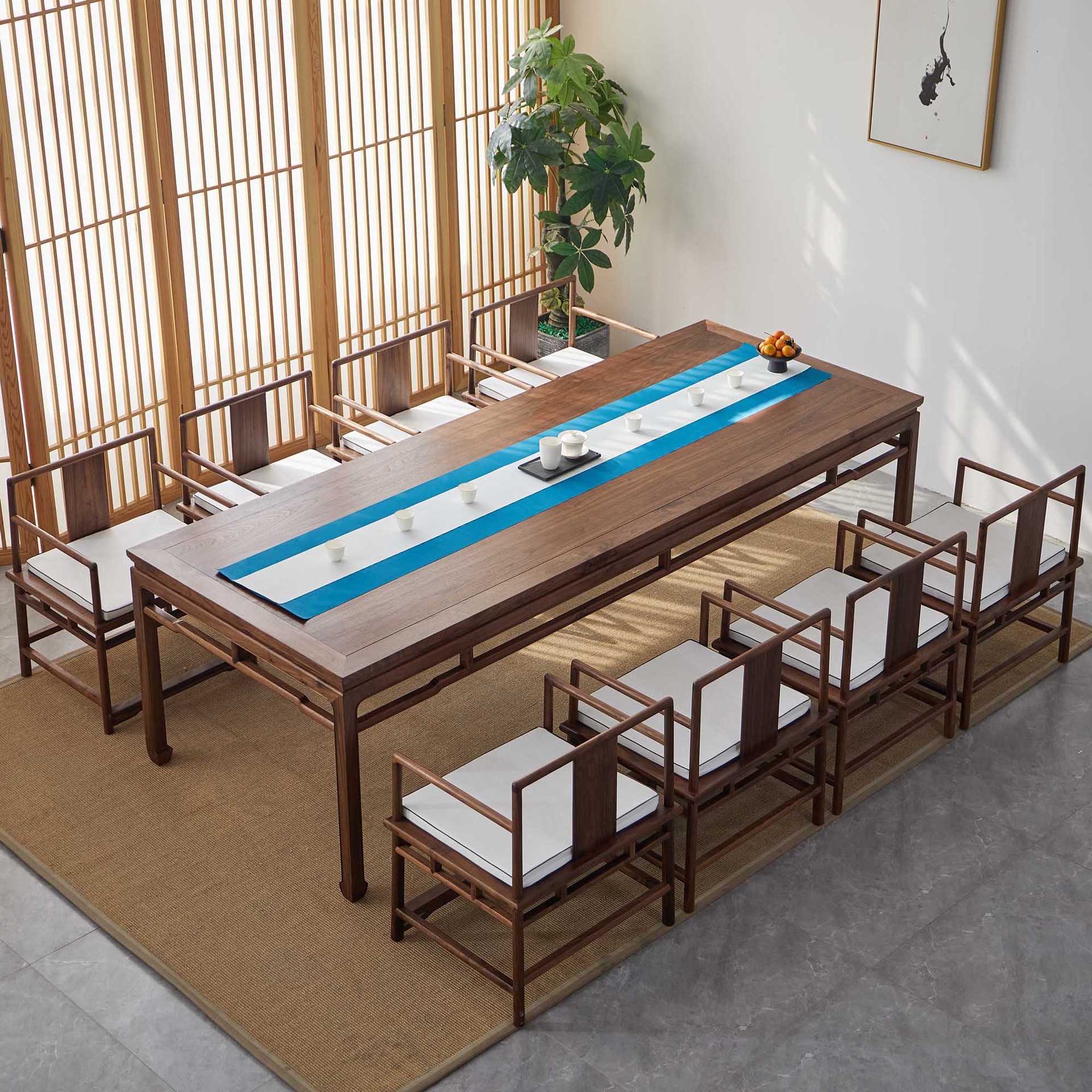 新中式简约实木办公会议桌禅意大茶台桌黑胡桃洽谈长桌餐桌大班台