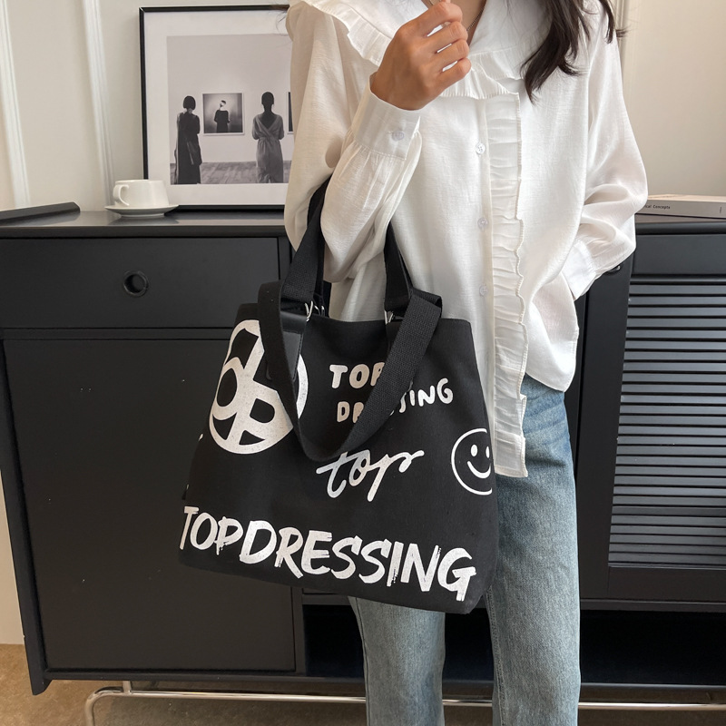 Korean Letter Printing Dongdaemun Smiley Face Canvas Bag 2023 New Tote Mummy Bag Large Capacity Shoulder Bag