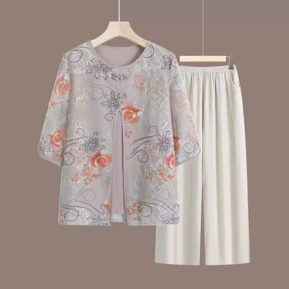 中老年人女夏季套装舒服宽松妈妈夏装上衣2024新款太太老人衣服