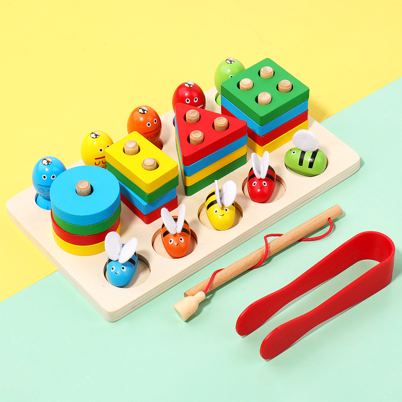 Wooden Fishing Clip Bee Three-in-One Set of Columns Children‘s Early Education Montessori Hand-Eye Coordination Color Understanding Interactive Toys