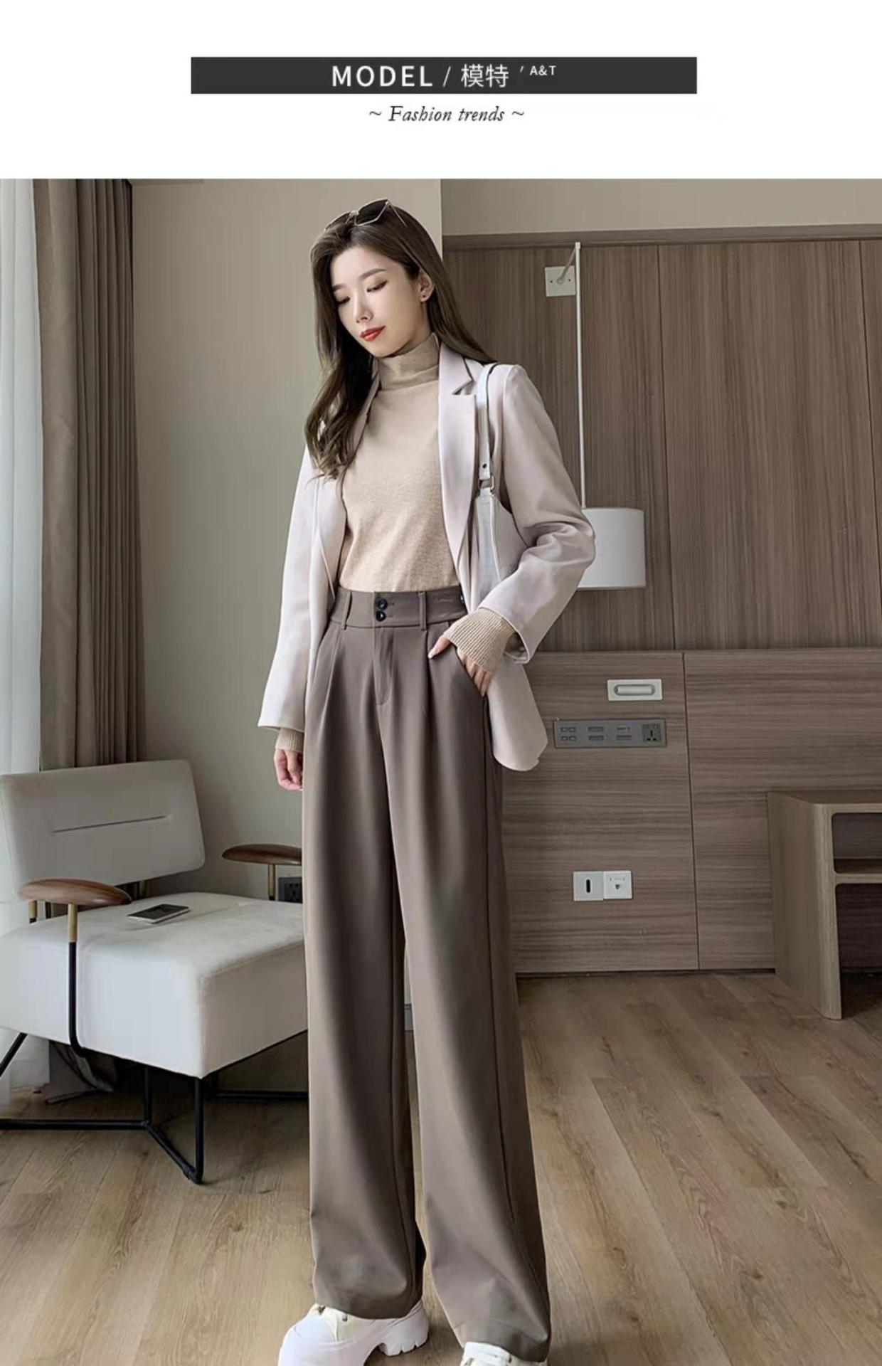 卡其色阔腿裤女高腰垂感宽松秋季2021新款休闲加长直筒拖地西装裤