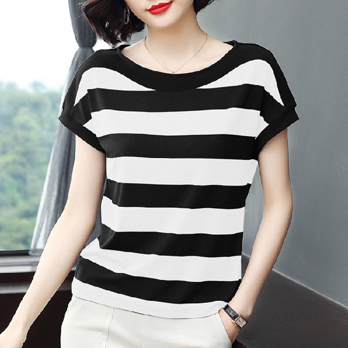 European Goods Short-Sleeved T-shirt Women's Summer Loose Striped Half Sleeve Shirt 2023 New Middle-Aged Mom Women's Top