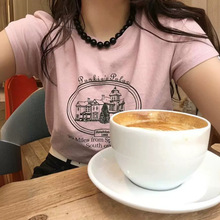 现货 韩国代购美式复古显瘦少女印花粉色短袖T恤女夏季短款上衣