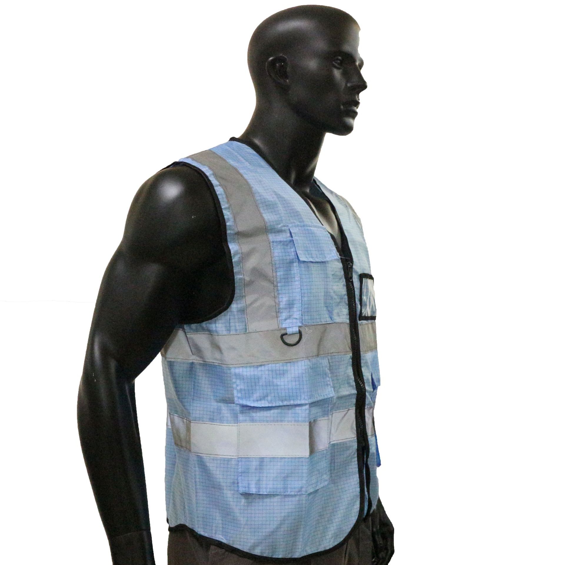 防静电车间施工反光背心防静电湖蓝马甲加油站防护反光衣可定制