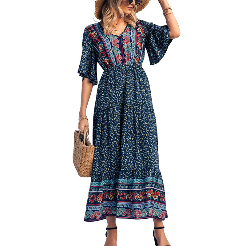 Wish2022 Summer New Amazon Hot Women's Bohemian Dress Beach Vacation Large Swing Dress