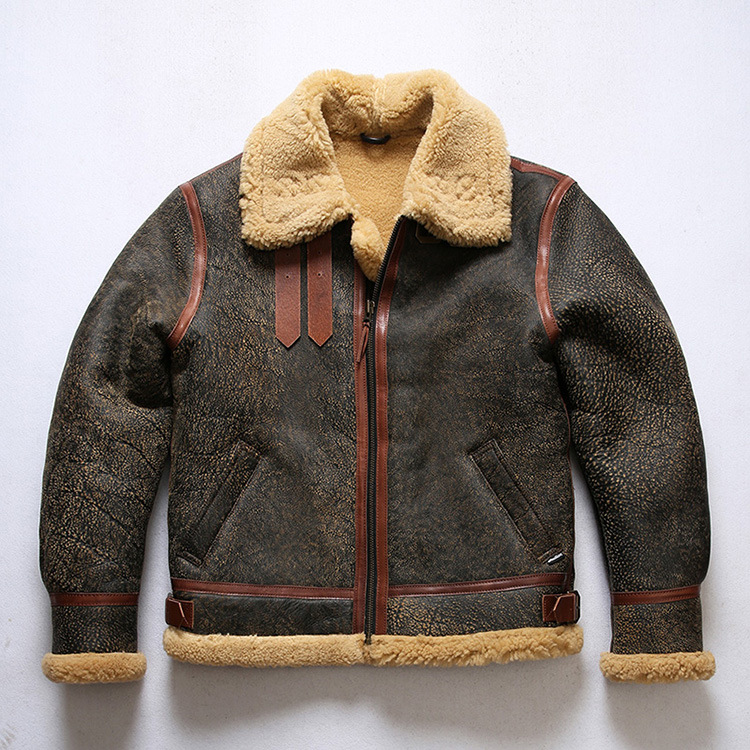 复古美国二战b3皮毛一体飞行服男翻领休闲棕马皮配皮皮衣