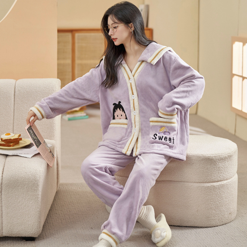 2023 New Pajamas for Women Winter Coral Fleece Thickened Fleece-lined Autumn Winter Thermal Flannel Homewear Suit