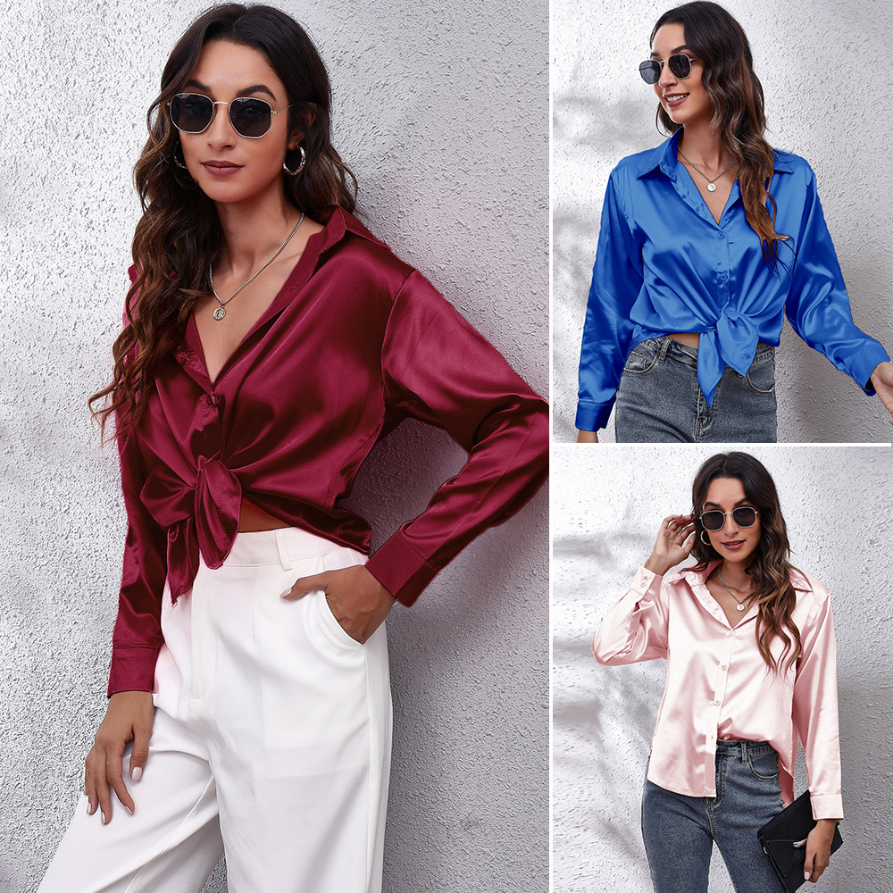 Popular Real Shot Satin Shirt Women's Satin Artificial Silk Long Sleeve Shirt New European and American Foreign Trade Cross-Border Women's Clothing Women Clothes