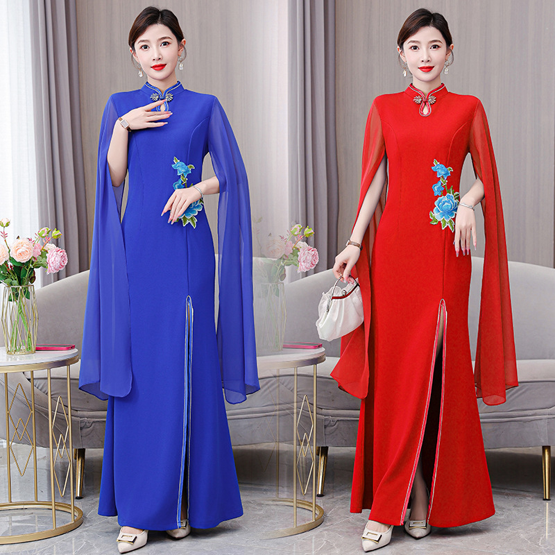 2023新款复古中国风改良走秀旗袍晚礼服长款演出显瘦绣花连衣裙女