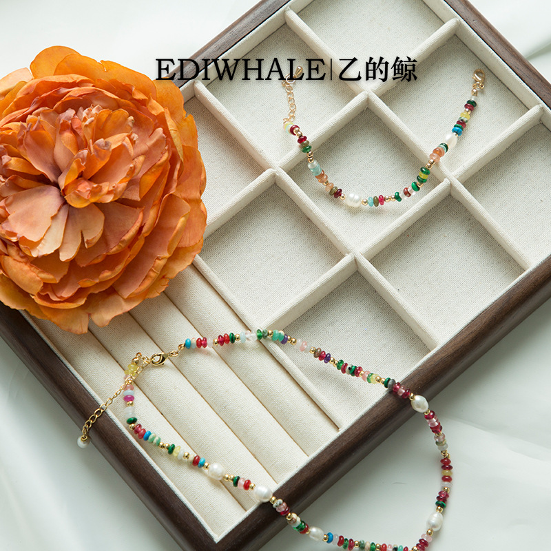 跨境多巴胺彩色串项链波西米亚珍珠彩色石头手工天然石手链