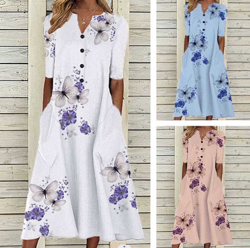 2022 Spring and Summer Amazon Europe and America Cross Border New Women's Printed Pocket V-neck Loose Casual Long Dress Women