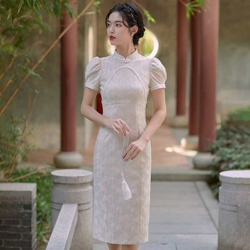 泡泡袖高端旗袍连衣裙2022年春夏季新款日常年轻款复古改良版夏天