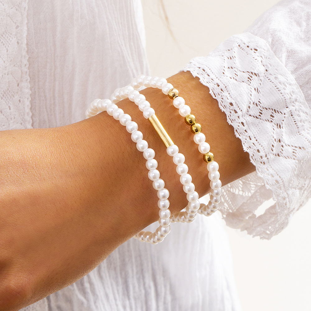 欧美跨境饰品 气质简约多层叠戴手饰 百搭仿珍珠金属圆珠编织手链