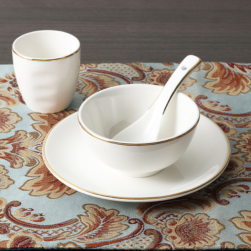 酒店摆台餐具四件套陶瓷碗盘碟火锅台面用品餐厅饭店金边餐具套
