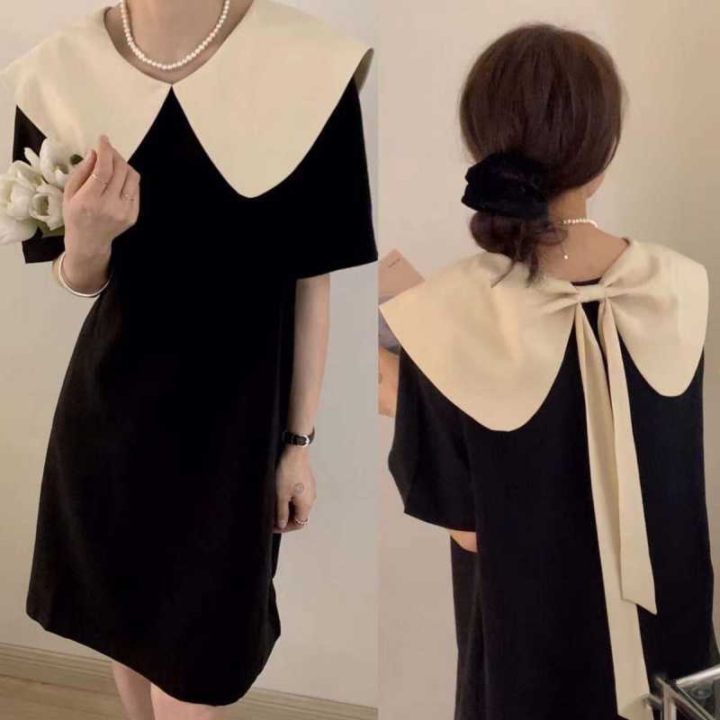 撞色娃娃领蝴蝶结连衣裙女2022夏季宽松显瘦黑色裙子