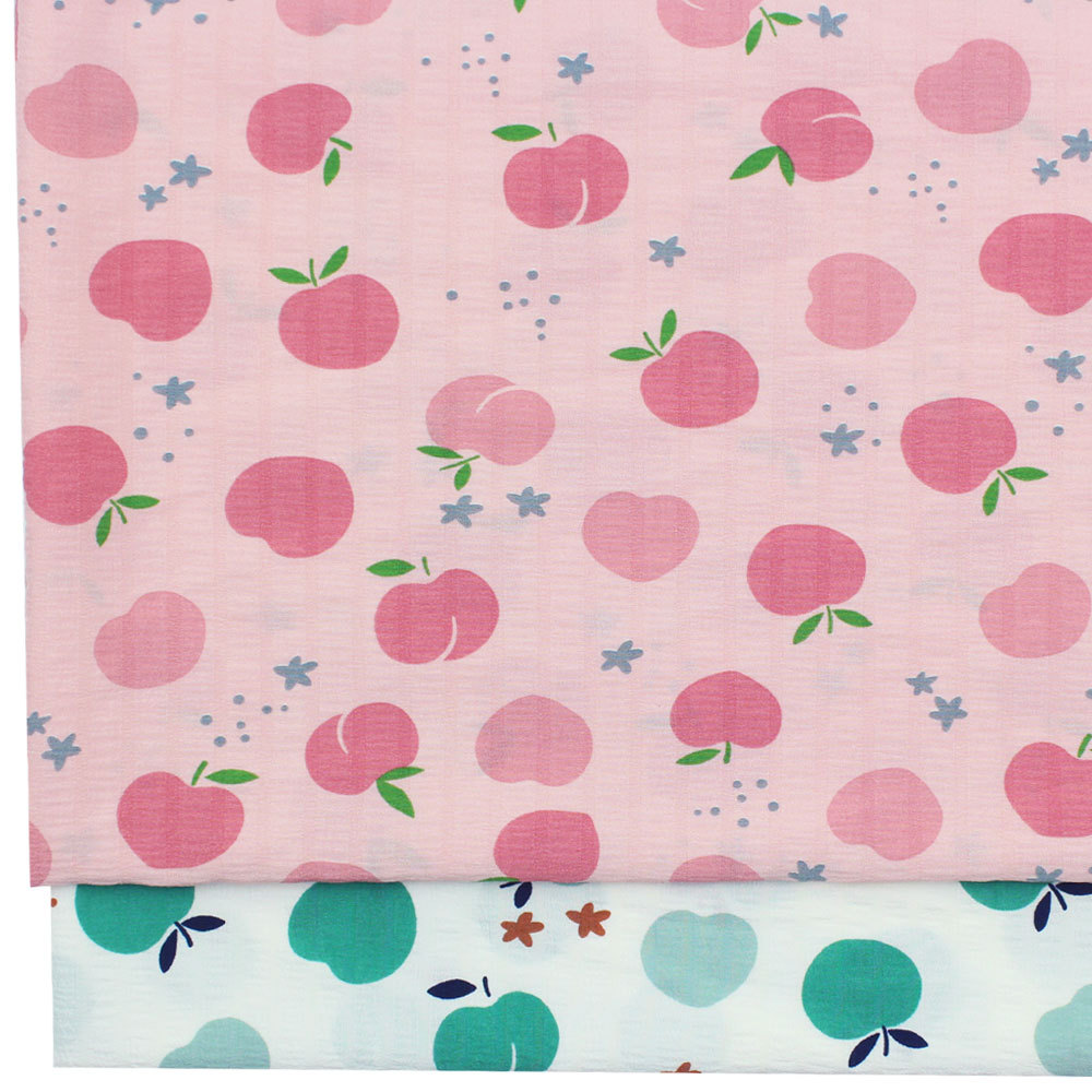 涤纶提花泡泡条印花 水果水蜜桃印花布 女衬衫连衣裙时装印花面料