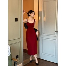 一尧港风复古高级红色吊带连衣裙女夏季礼服长裙