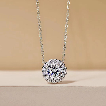 925银豪华显钻群镶仿真钻石吊坠1.5克拉项链女士单钻圆钻锁骨链银