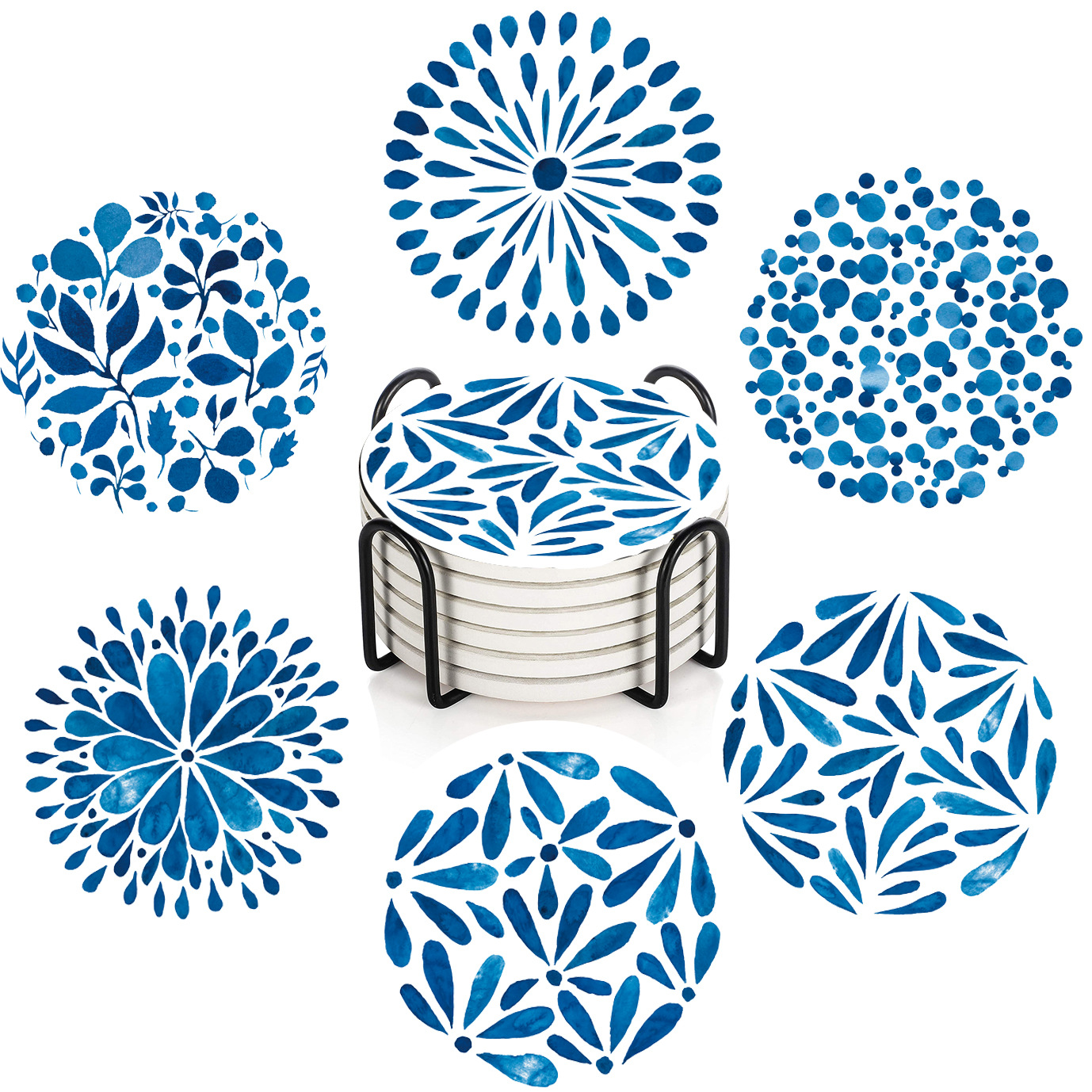 工厂陶瓷吸水杯垫10cm供亚马逊曼陀罗花纹圆形隔热垫家用餐桌批发