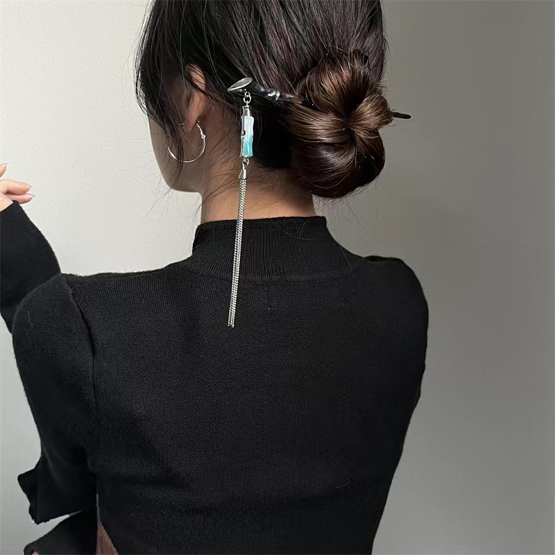 New Chinese Ancient Style Jade Tassel Hairpin Women's 2022 New Special-Interest Design Hanfu Moonstone Hair Clasp Hair Accessories
