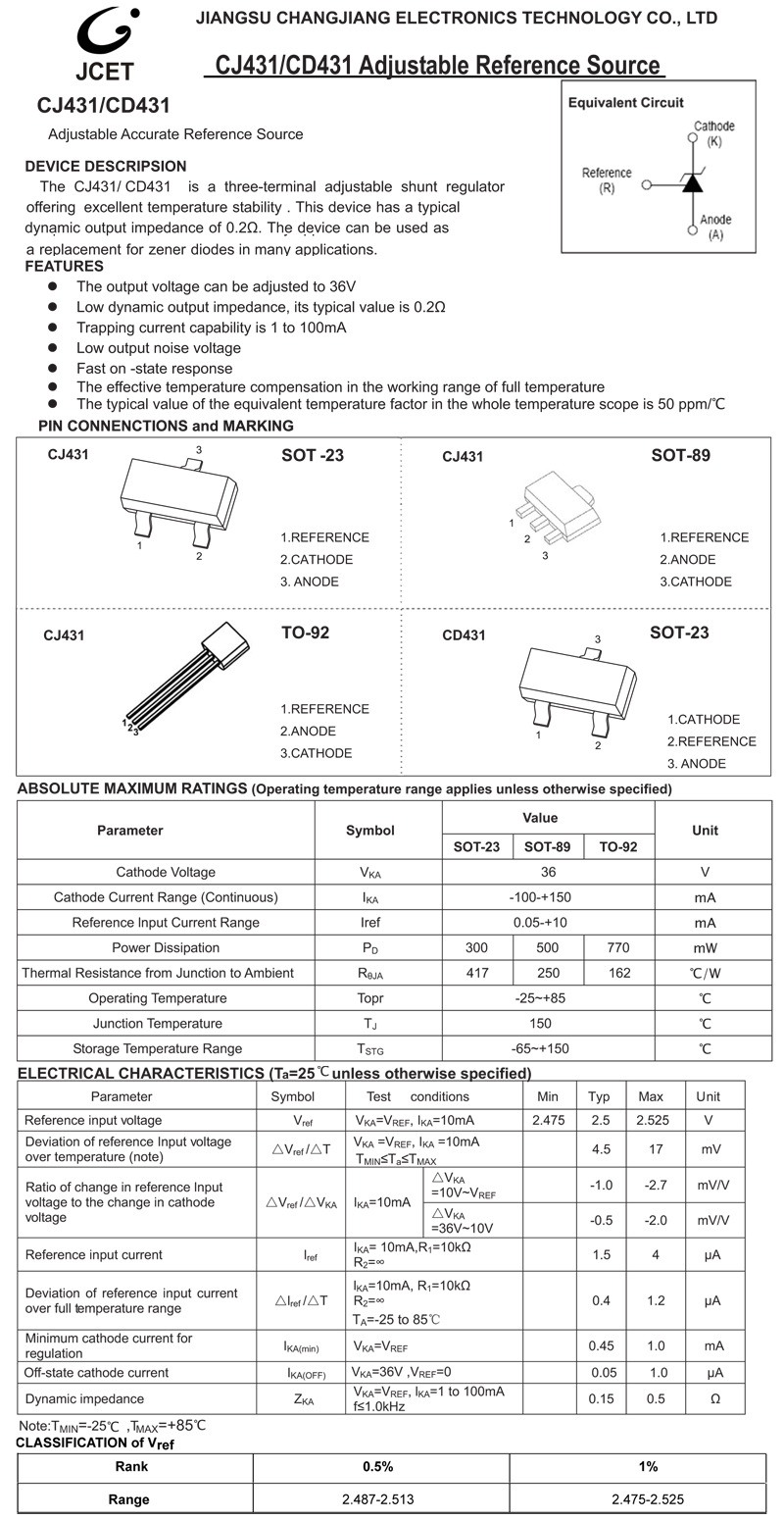 长电cj431 432 sot23国产tl431 432 to-92精密稳压器电压精准芯片