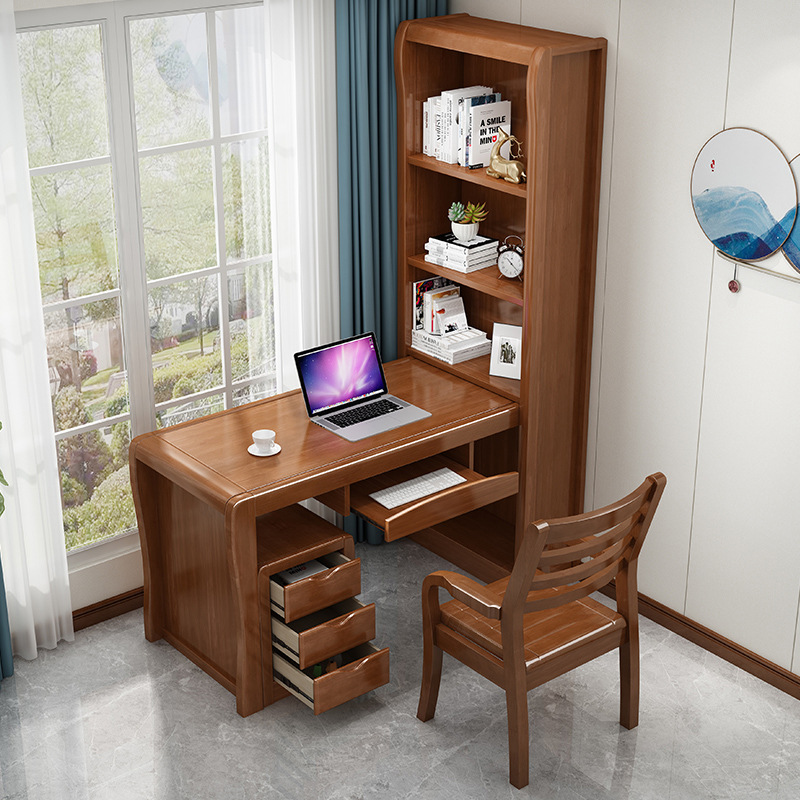 中式实木电脑桌书桌书架组合简约现代写字台书柜一体家用卧室书桌