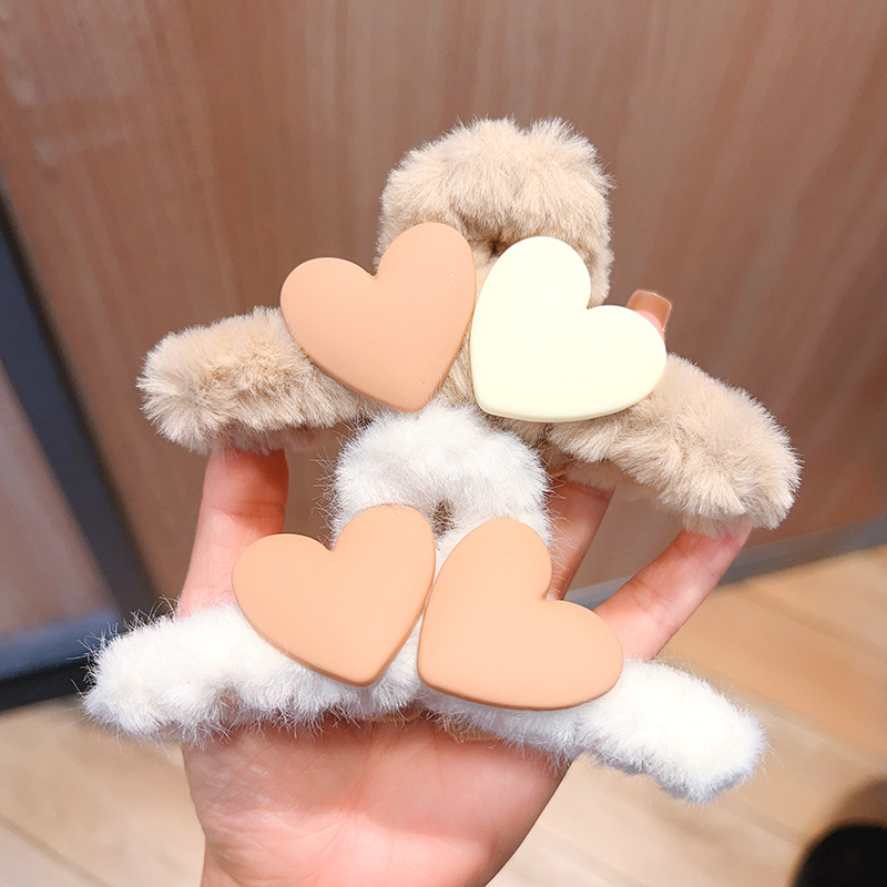 New Plush Grip Furry Love Heart-Shaped Hairpin Back Head Hair Claws Hair Pins Female Korean Ins Shark Clip Hairware