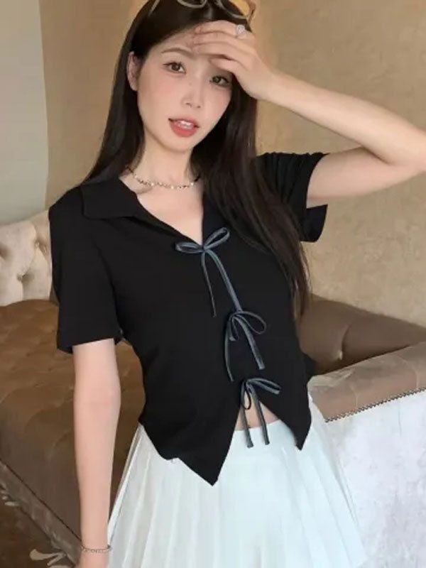 Design Bow Irregular Lace up T-shirt Women's Summer Korean New Top Polo Collar Bottoming Shirt Women