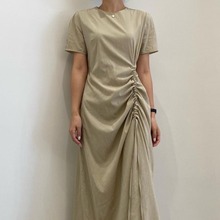 韩国chic夏季新款轻熟风设计感抽绳系带显瘦短袖中长款连衣裙女