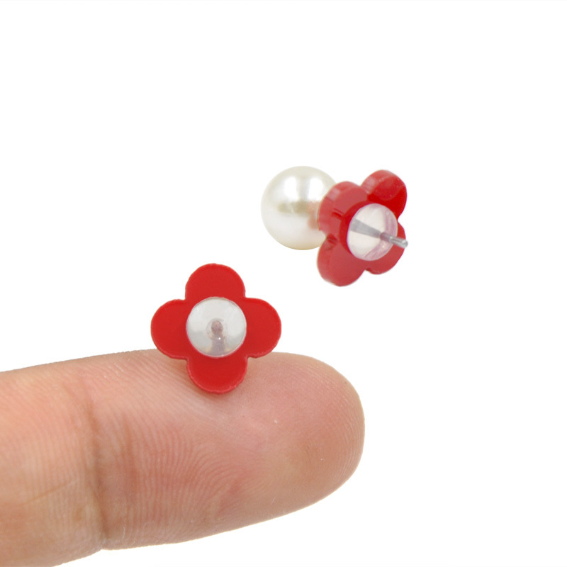 Red New Style Four-Leaf Clover Silicone Hamburger Stud Earrings Earplug Acrylic Anti-Drop Anti-Allergy Earrings Back Plug Wholesale