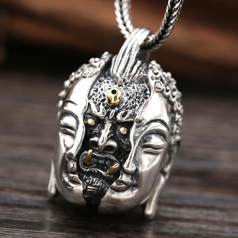 批发s925纯银饰品复古泰银手工精雕恶从心生链坠一念之间男项链