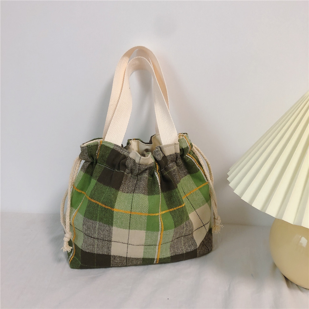 磨毛格子手拎布袋抽绳束口袋手提布包便当包早餐包简约韩版棉布