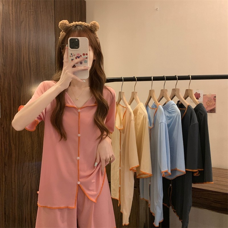 Short Sleeve Pajamas Women's QQ Suit Korean Style Thin Fake Cardigan Lapel Button Simple Ice Silk Cool Fairy Home Wear