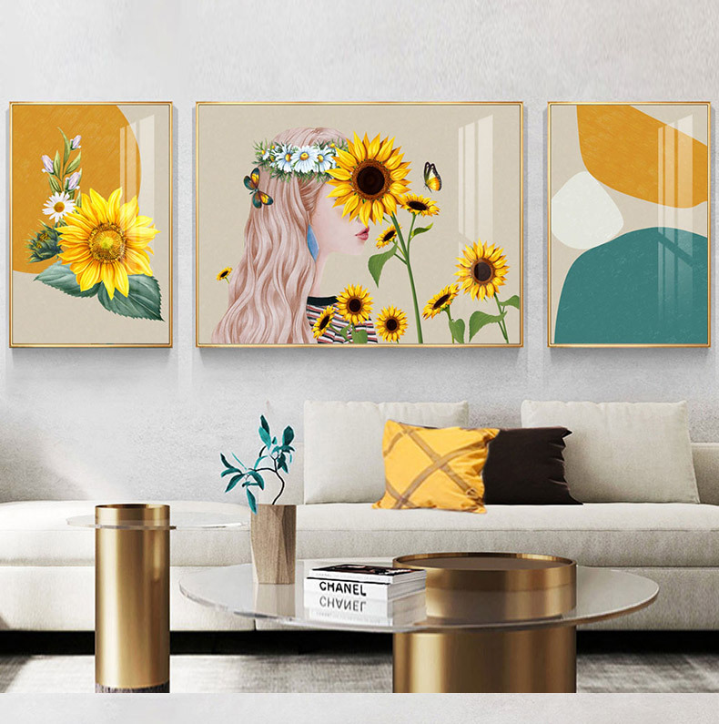 暖色系客厅沙发装饰三联画北欧现代挂画背景墙壁画创意简约晶瓷画