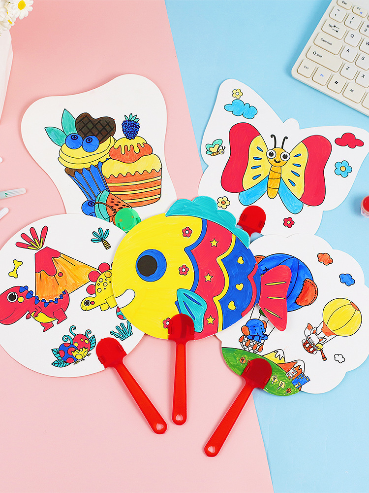 空白团扇diy材料包儿童diy涂色画扇子绘画扇幼儿园美术涂鸦扇子