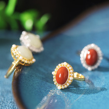 南红玛瑙银戒指S925纯银和田玉气质女点缀珍珠民族风饰品食指戒
