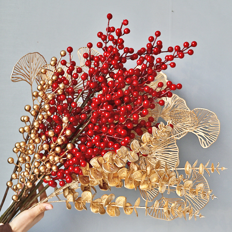 Cross-Border Golden Artificial Flower Eucalyptus Fortune Fruit Chinese Hawthorn Ginkgo Leaf Lunar New Year Flower Blessing Bucket Christmas Flower Ornaments