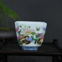 景德镇珐琅彩茶具主人杯品茗杯功夫茶四方杯瓷器釉上粉彩花绘单杯