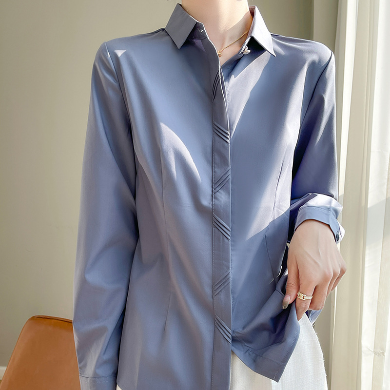 轻熟风职业白色衬衫女长袖polo领商务正装工作服衬衣气质工装上衣