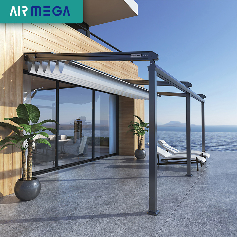 户外阳光房电动伸缩轨道折叠雨棚遮光隔热防雨铝合金遮阳棚天幕帘