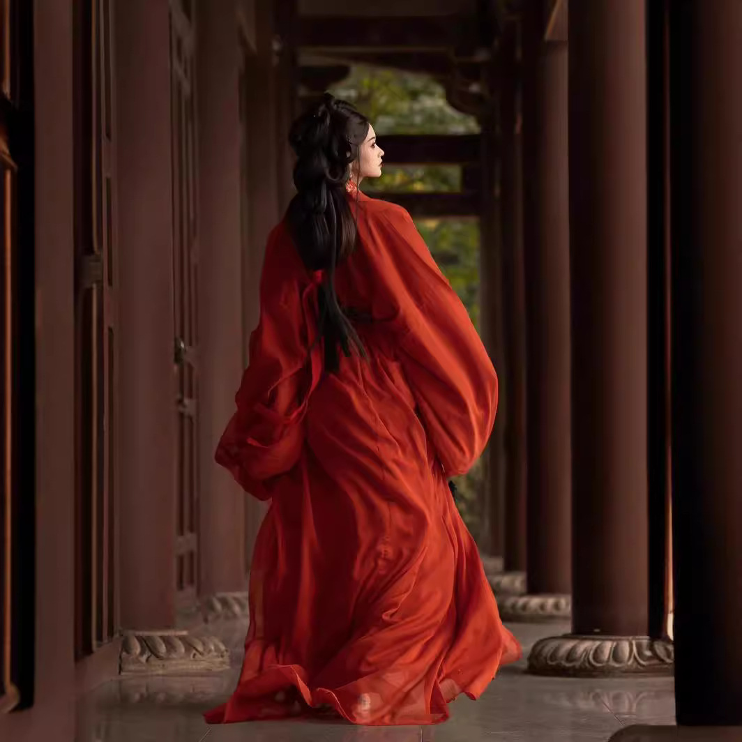 原创复原款战国袍汉服古装女马山楚墓大放量交领直裾春秋红色女款