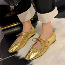 软皮法式复古绝美平底鞋软底小众系带乐福鞋金色银色玛丽珍单鞋女